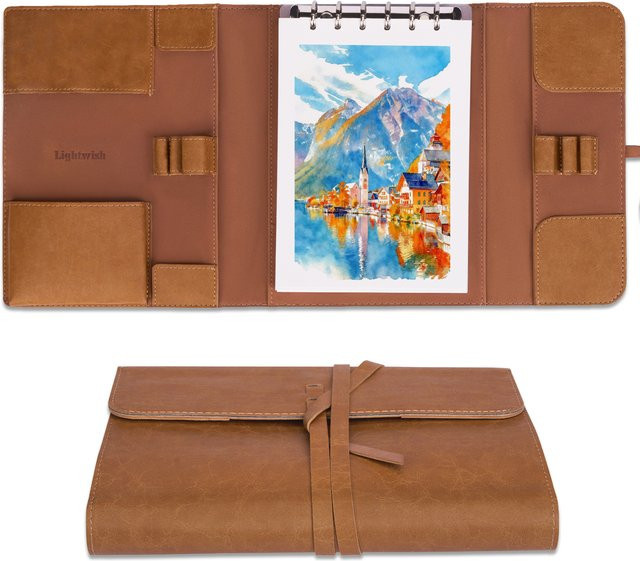 LIGHTWISH Aquarellblock A5 mit 20 Blatt aus 100 % Baumwolle, 300 g, Reise-Aquarell-Tagebuch mit abnehmbarem Papier und Trägertafel in Grün und Braun - Bild 1
