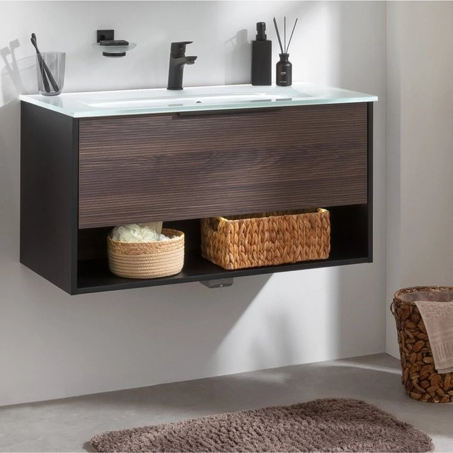 Fackelmann Waschtisch-Set B.Paris mit Glasbecken in Schwarz Matt und Rigoletto Eiche, Breite: 90,5 cm - Bild 1