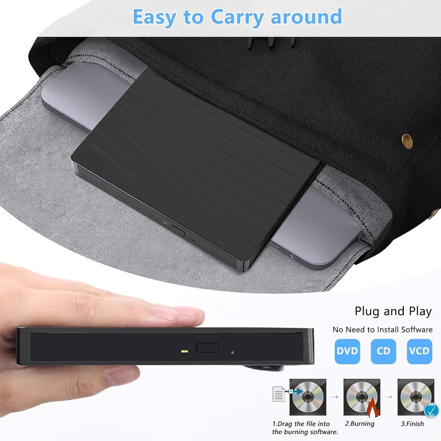 KEBIDUMEI Externes CD-DVD-Laufwerk in Schwarz mit USB 3.0 und Type-C als optisches DVD/CD-Laufwerk für Laptop und PC - Bild 3