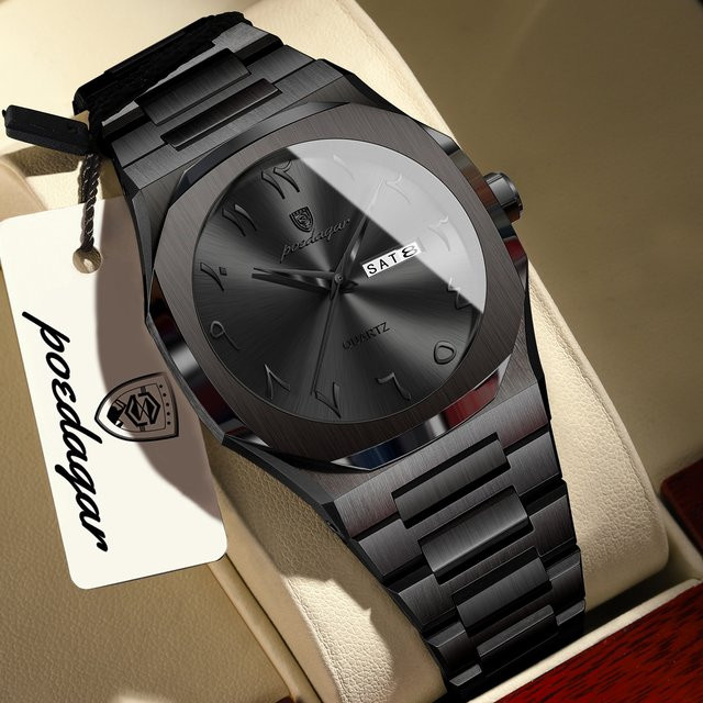 POEDAGAR Armbanduhr Edelstahl, Quarz, Silber, Wochentagsanzeige, Herren - Bild 1