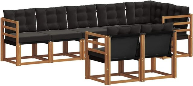 vidaXL Outdoor-Sofagarnitur L-Form aus Akazienholz mit Textilene und Kissen, 8-teilig, Schwarz und Natur - Bild 1