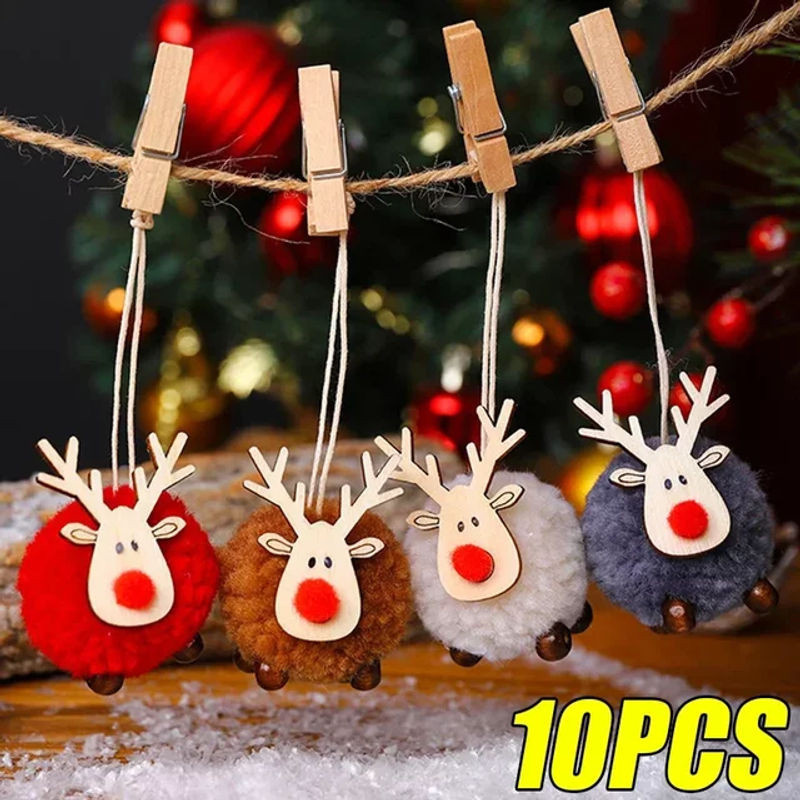 10er Set Weihnachts-Hängeornamente aus Filz und Holz mit Rentier-Figuren in Weiß und Mehrfarbig - Bild 1