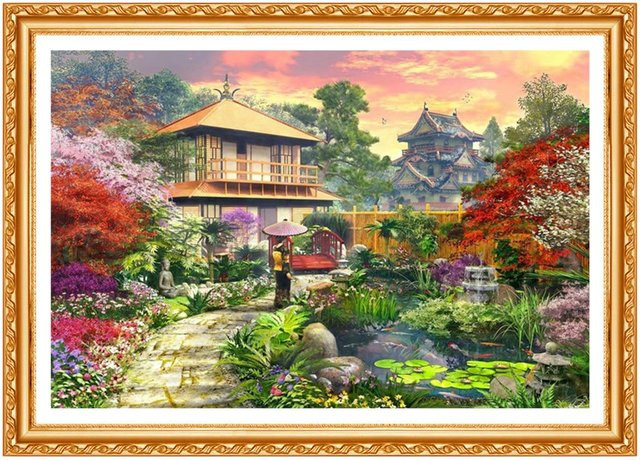 FIYO Diamant-Stickerei Set Japanischer Garten mit runden Steinen, Motiv Naturlandschaft in Beige, B x H: 30 x 20 cm - Bild 1