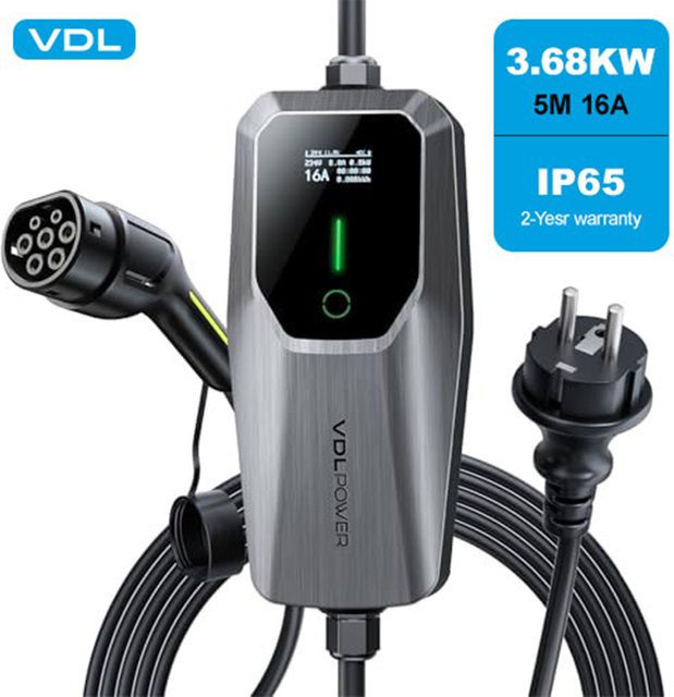 VDL EV-Ladegerät Typ 2 für Elektroautos mit EU-Schuko-Stecker, 3.68 kW, 5 m Ladekabel, grau, IP65 Einphasen-Ladestation - Bild 1
