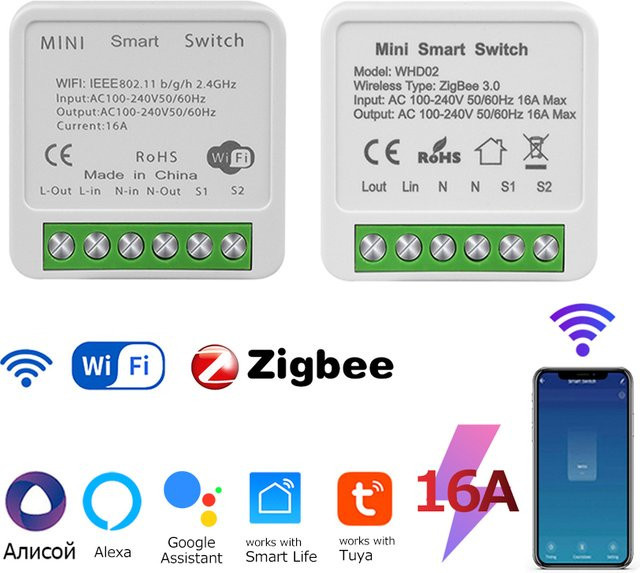 Tuya ZigBee WiFi Smart Switch Automatisierungsmodul Relais in Weiß mit 2-Wege-Steuerung und Sprachsteuerung für Alexa, Google Home und Alice - Bild 1