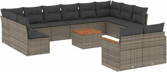 vidaXL 13-teilige Garten-Sofagarnitur aus Poly-Rattan und Akazienholz in Grau mit Kissen - Bild 1