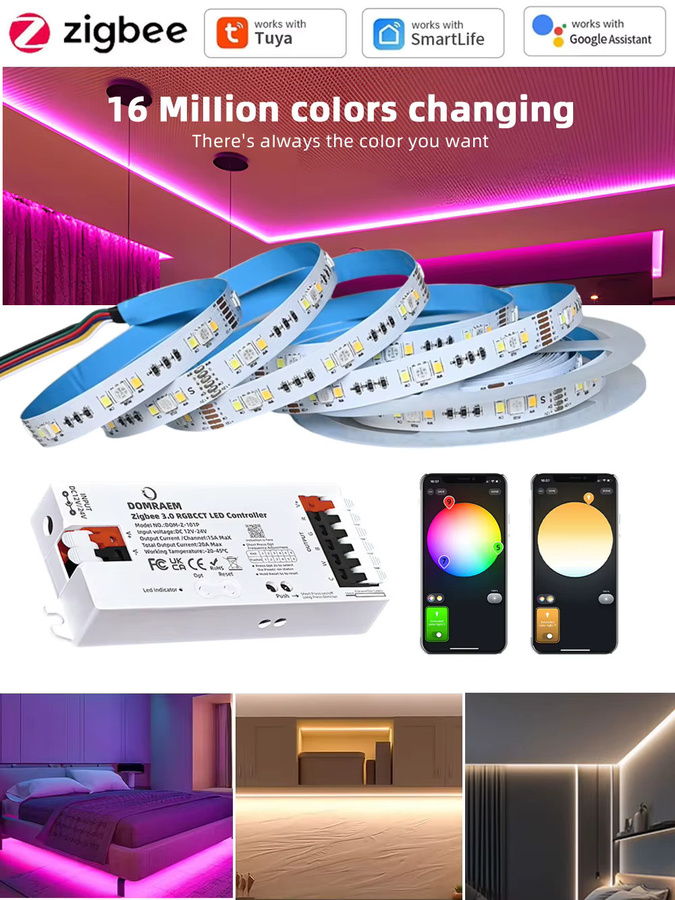 CENFAYA Zigbee 3.0 RGB+CCT LED-Streifen 24V, dimmbar, Smart Home kompatibel mit Alexa, Echo und Tuya, multicolor - Bild 4