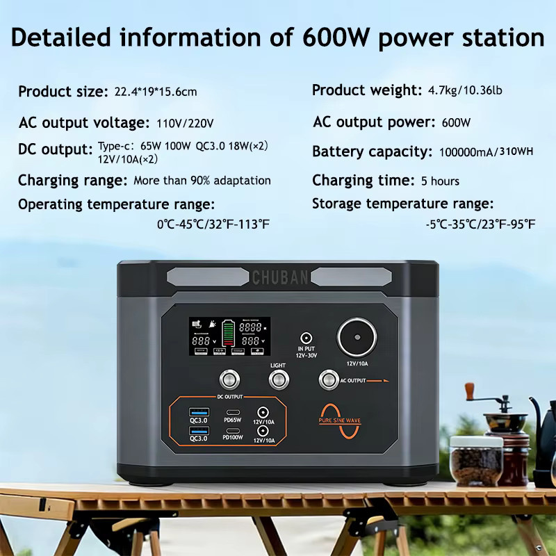 CHUBAN Tragbare Solar-Powerstation 600W mit 310Wh Akku und 10000mAh, Schwarz - Bild 2