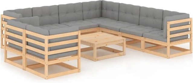 vidaXL 10-tlg. Garten-Lounge-Set aus massivem Kiefernholz in U-Form mit grauen Polsterkissen - Bild 1