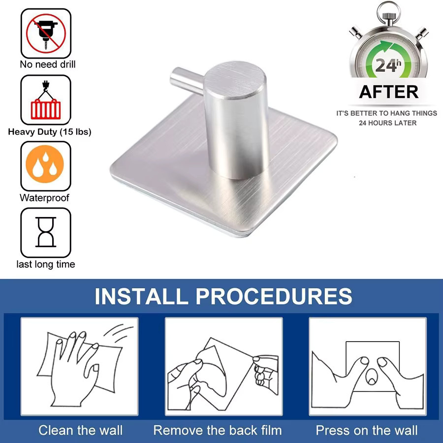 Moderner selbstklebender Edelstahl-Klebehaken in Silber oder Schwarz zur Aufbewahrung von Kleidung und Hüten für Badezimmer, Küche oder Zimmer - Bild 3