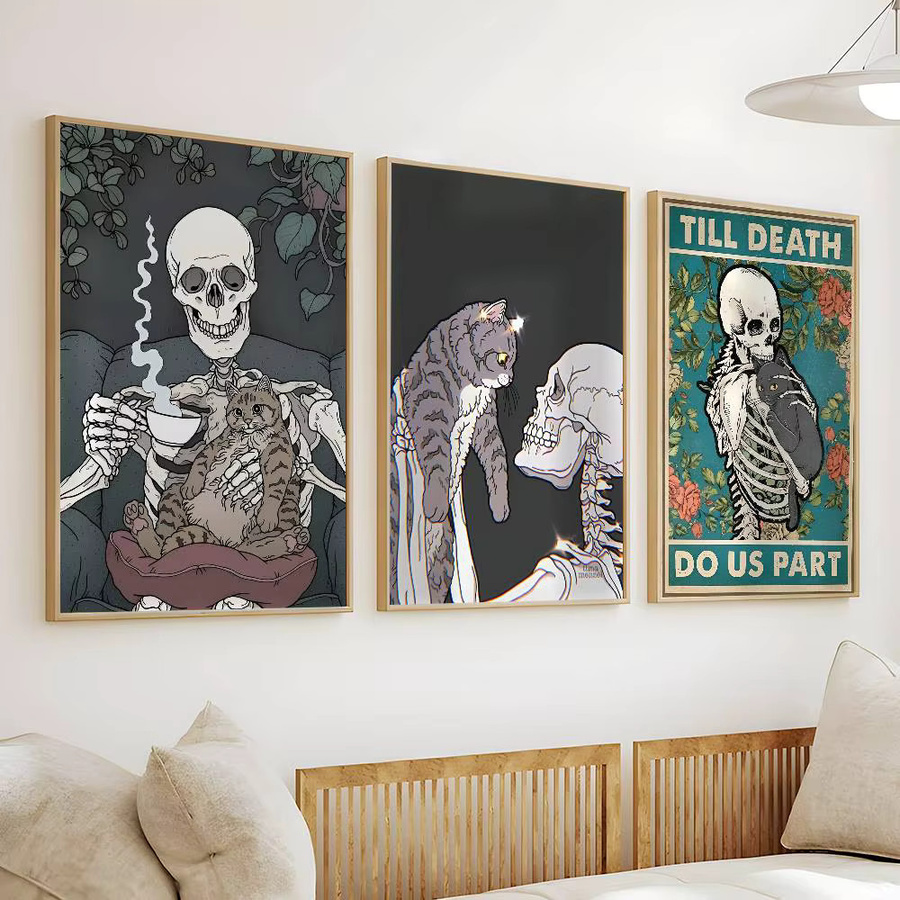 Wandkunst-Aufkleber mit Cartoon-Schädel-Katze Motiv in Mehrfarbig, Rechteckiges Halloween Poster aus Papier - Bild 4