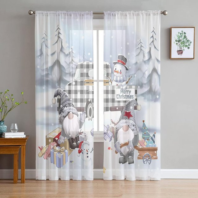 Weihnachts Vorhänge Set mit Frohes Neues Jahr Motiv, 2 Stück aus Polyester in Weiß, semi-transparent, B: 50 cm, H: 60 cm inklusive Haken - Bild 1