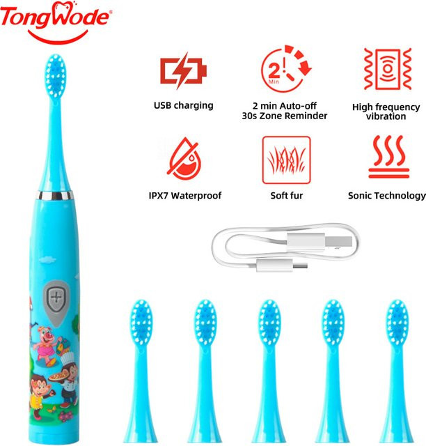 TONGWODE Kinder Elektrische Zahnbürste, Multicolor, USB aufladbar - Bild 1
