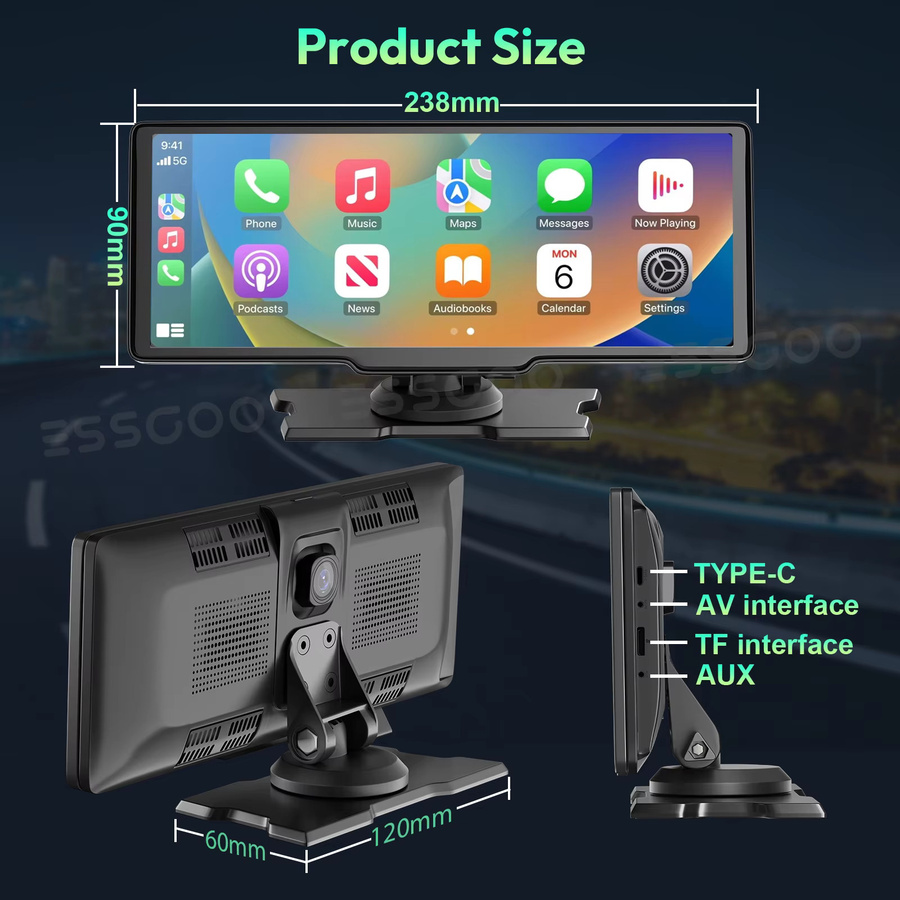 ESSGOO Tragbarer Fahrrekorder mit 10.26 Zoll 4K Display, CarPlay, Android Auto, Doppellinse und Rückfahrkamera, Schwarz - Bild 6