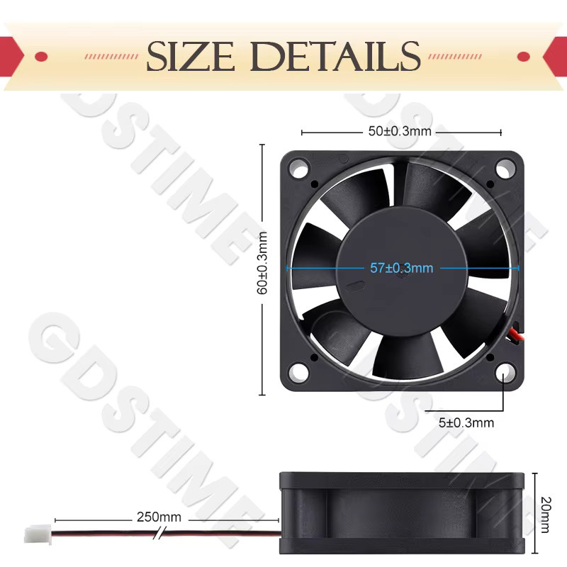 Gdstime 6020 Axiallüfter Schwarz B/T/H: 6,0 x 6,0 x 2,0 cm 24V 12V DC Bürstenloser Kühllüfter mit Doppelkugellager für 3D-Drucker - Bild 5