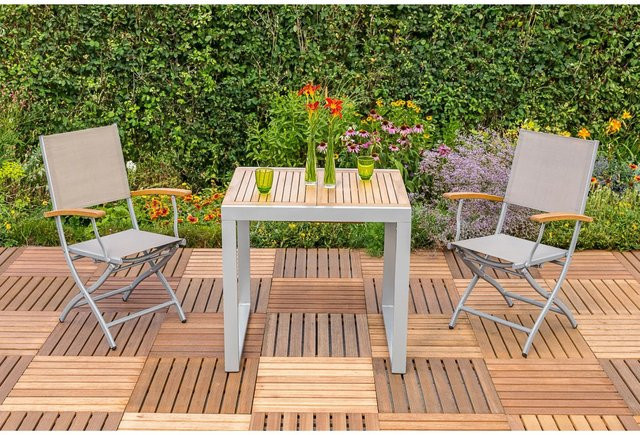 Merxx Gartenmöbel-Set Naxos 3-teilig aus Aluminium und Akazienholz in Grau/Silber mit ausziehbarem Tisch - Bild 1