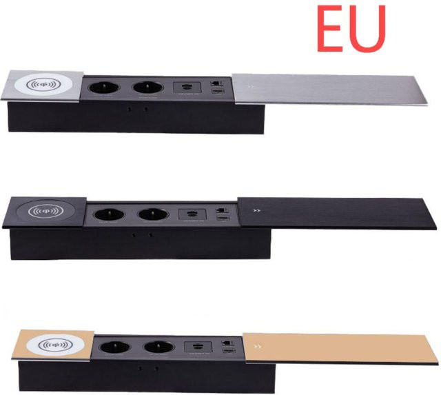 MANLEIKE Tischsteckdose mit Schiebeabdeckung in Schwarz inklusive kabelloser Aufladung, USB, Typ-C, Netzwerk und HDMI - Bild 1