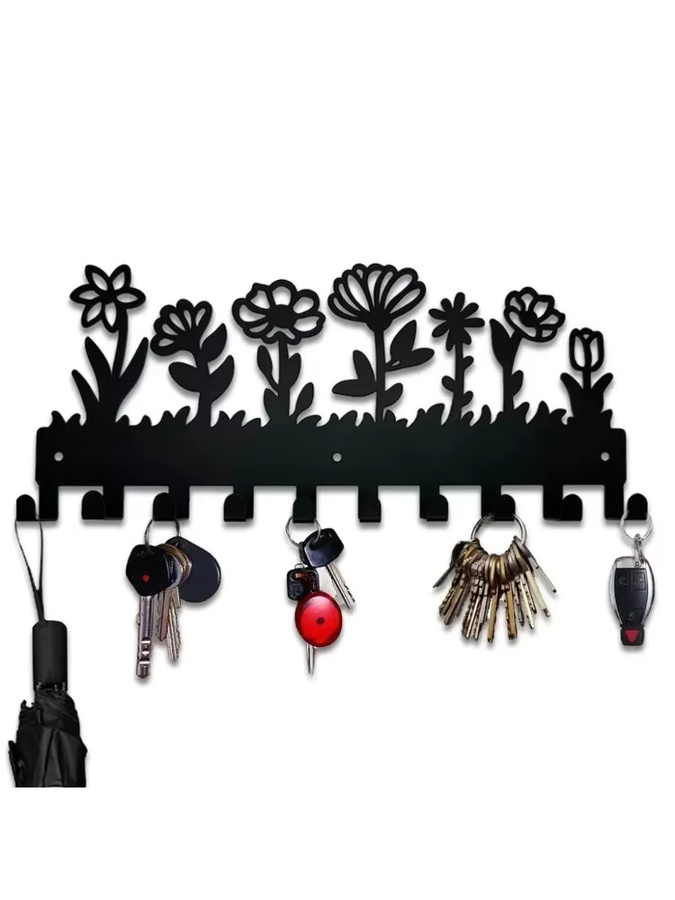 CIFBUY Wandmontierter Schlüsselhalter aus Metall mit Blumendesign und Haken in Schwarz - Bild 6