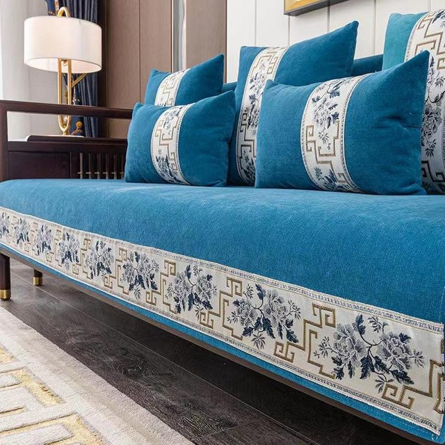 Rutschfester Chenille-Sofabezug im chinesischen Stil, blau, B/T/H: 70 x 70 x 0 cm - Bild 1