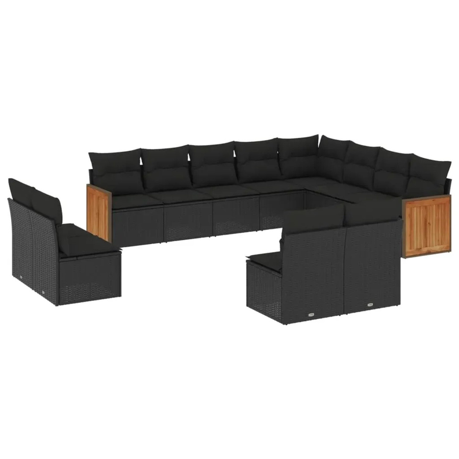 vidaXL 12-tlg. Garten-Sofagarnitur in U-Form aus Polyrattan und Akazienholz mit Kissen, Schwarz - Bild 2