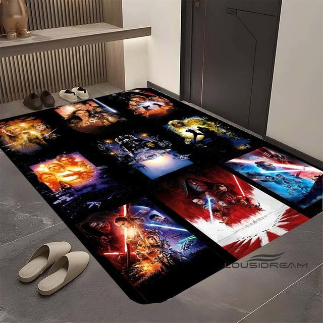 Star Wars Cartoon Teppich mit Retro Galaxie Weltraum Raumschiff Muster, rutschfest und waschbar, Farbe: Schwarz/Mehrfarbig, B/T: 60 x 90 cm - Bild 1
