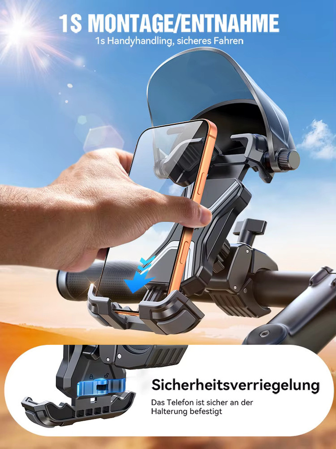 Joyroom Universeller Fahrrad-Handyhalter mit Sonnenschutz für iPhone und Samsung, MTB-Bike-Motorrad-Ständer, Schwarz - Bild 4