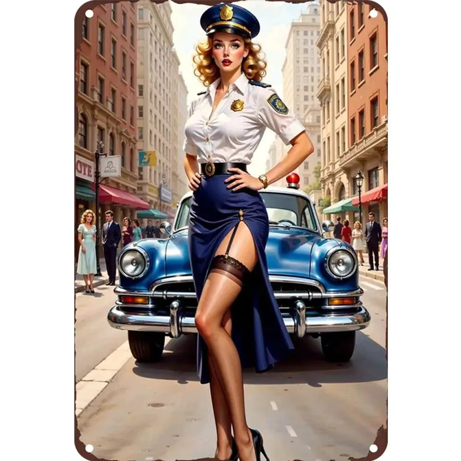 HELLOYOUNG Vintage Metall-Blechschild Wanddekoration mit Blondine in Polizeiuniform und klassischem Auto, Mehrfarbig, Rechteckig - Bild 7