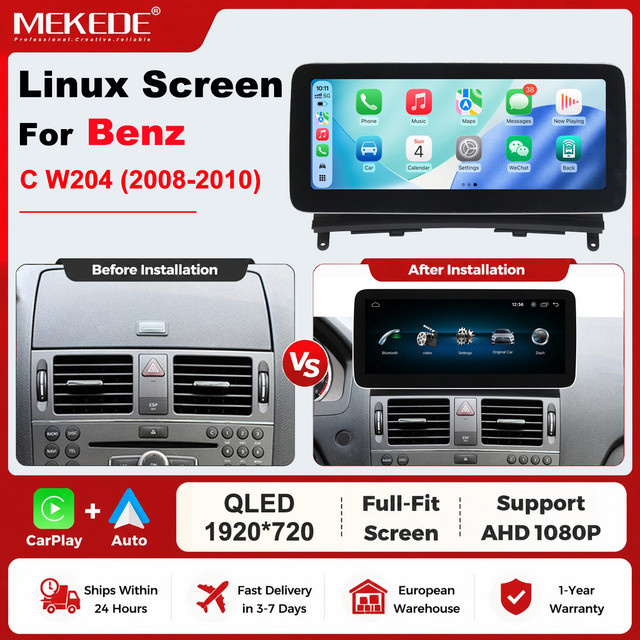 MEKEDE QLED Autoradio mit Linux-System für Mercedes-Benz C-Klasse W204 S204, 12,3 Zoll Vollbildschirm, kabelloses CarPlay und Android Auto, GPS-Navigation, Bluetooth, Schwarz - Bild 1