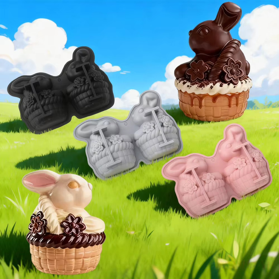 Meibum 2-fach Silikonform für Oster-Gebäck mit Blumenkorb und Hase - Bild 2