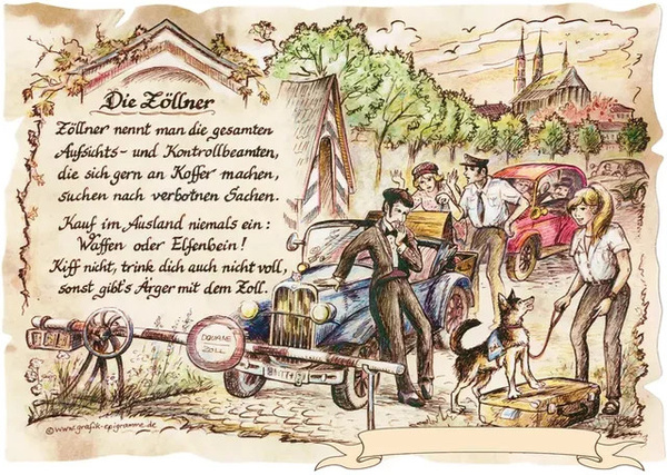 Zunftbild Zöllner als Vintage Paper Poster auf Antikpapier in den Farben Braun, Schwarz und Multicolour, Format A4