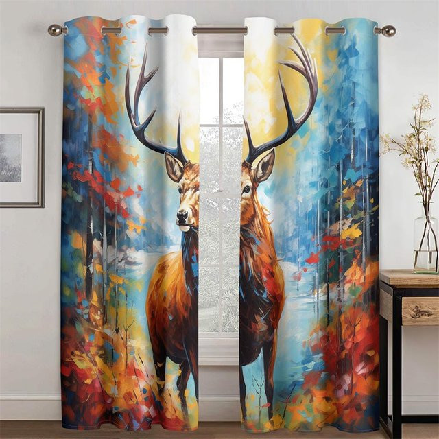 2er-Set bunte 3D Ölgemälde Elch Vorhänge aus Polyester für Wohnzimmer Schlafzimmer und Küche, Breite: 50 cm, Höhe: 130 cm - Bild 1