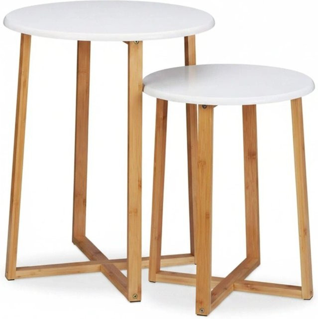 Relaxdays Beistelltisch 2er Set aus Bambus und MDF in Natur und Weiß, runde Form, Durchmesser: 60,5 cm, Tiefe: 50 cm - Bild 1
