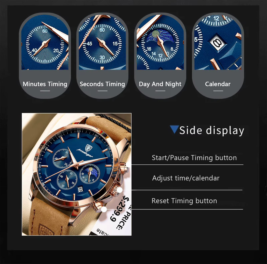 POEDAGAR Armbanduhr Chronograph, Quarz, Leder, Blau, Herren - Bild 5