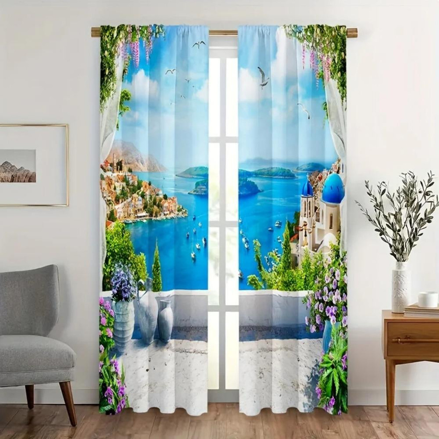 Yiran Furniture Vorhangset mit tropischer Küstenlandschaft in Multicolour, 2er-Set semi-transparent mit Stangentaschen und Haken, B/H: 50 x 100 cm - Bild 1