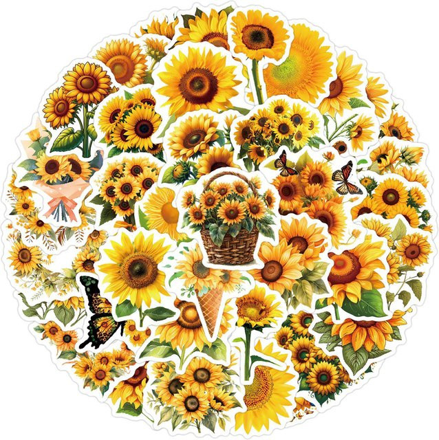 Wasserdichte Sonnenblumen Graffiti Aufkleber von Shopping Party in Brown und Multicolour, 60 Stück für Roller, Notizbücher und Trinkbecher - Bild 1