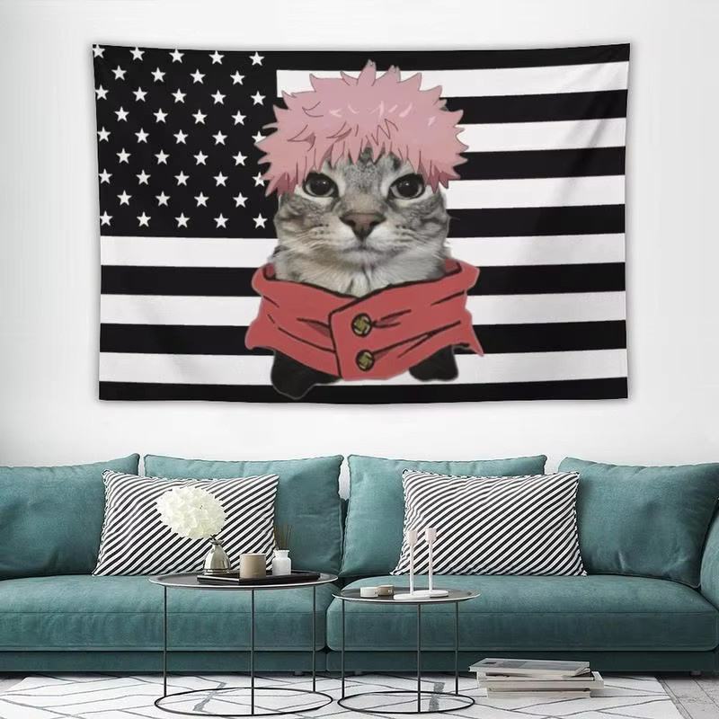 VIKAMA Anime Wandteppich mit Katzenmotiv und amerikanischer Flagge, bunter Wandbehang für Schlafzimmer und Schlafsäle, B/H: 60 x 40 cm - Bild 4