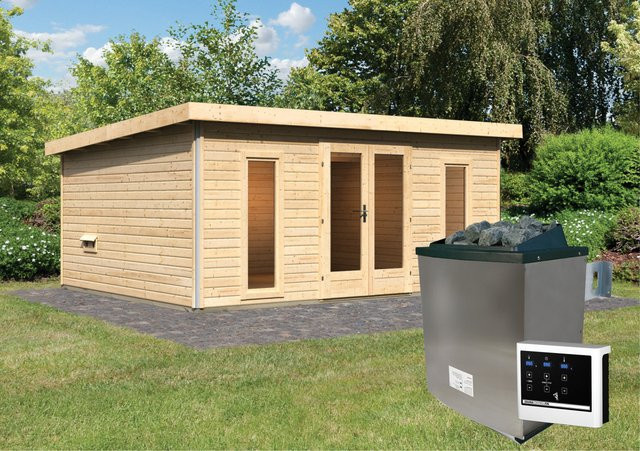 Saunahaus MAINBURG 4 mit Vorraum, 9.0 kW Ofen inklusive Steuergerät und Set B, Sauna mit 3 Liegen, B/T/H: 490 x 369 x 225 cm (Sauna: 225 x 190 cm) - Bild 1
