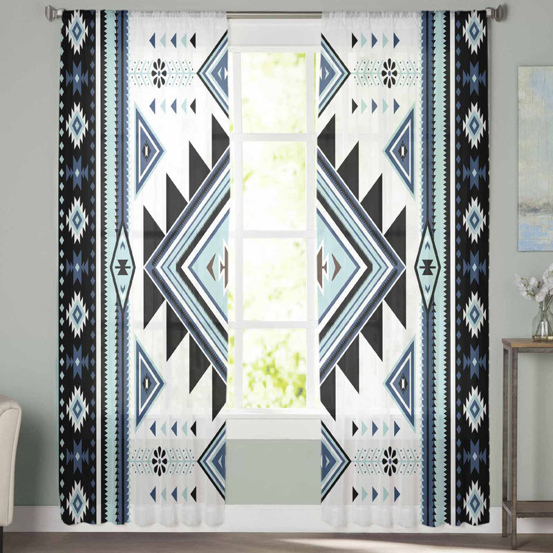 Super Six Transparente Tüll-Vorhänge im böhmischen Stil, Blau Weiß Schwarz, B: 135 cm, H: 114 cm - Bild 3