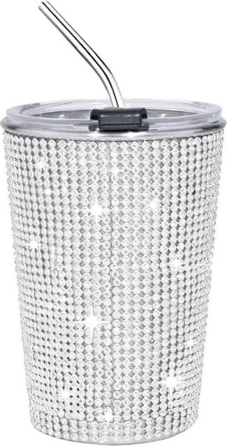 FURUN Glitzer-Kaffeetasse aus Edelstahl mit Strohhalm, silber, 500 ml - Bild 1