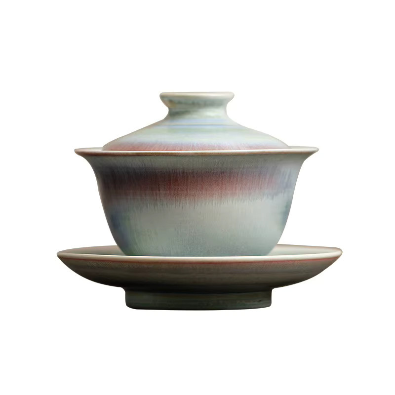 Traditionelle Sancai Gaiwan Teeschale aus Keramik mit Rot-Blau-Glasur, 150 ml - Bild 5