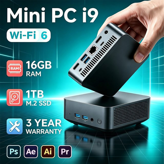 Mini PC Intel Core i9 8950HK Gaming Computer mit Windows 11 Pro, 16GB RAM, 1TB SSD, WiFi6 und Bluetooth 5.2, Schwarz - Bild 1