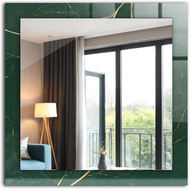 Tulup Wandspiegel mit floralem Motivdruck in Grün und Gold, Rechteckig, B/H: 60 x 60 cm - Bild 1