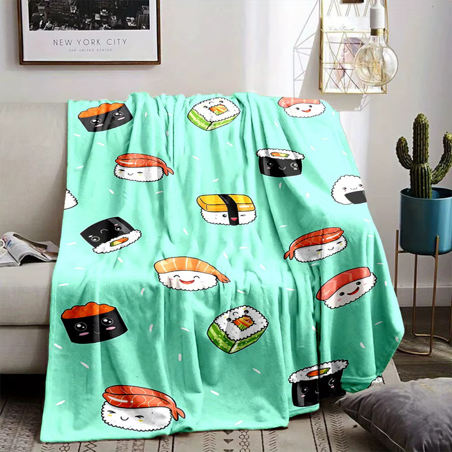 Gemütliche Flanell-Überwurfdecke mit Cartoon-Sushi-Print in Grün aus Polyester - Bild 3