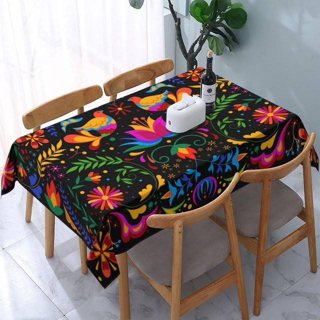 Rechteckige Tischdecke von JMG Household Supplies mit mexikanischem Blumen- und Vogelmuster für Dia De Los Muertos Fiesta Dekoration, B/H: 145 x 145 cm - Bild 1
