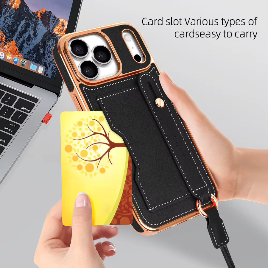VIETAO Handyhülle aus PU-Leder mit Kartenhalter und Handyband für iPhone 17 16 15 14 13 12 Pro Max inklusive Ständerhalter in Schwarz und Grün - Bild 5