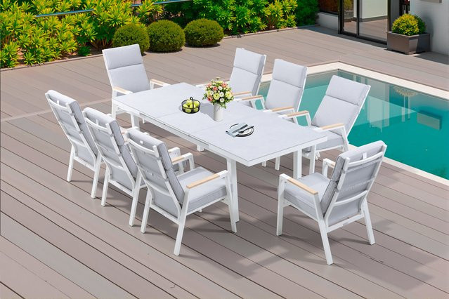 OUTFLEXX Garten-Essgruppe für 8 Personen aus Aluminium, Teak und Textilene in Weiß, ausziehbarer Tisch mit Sicherheitsglas - Bild 1