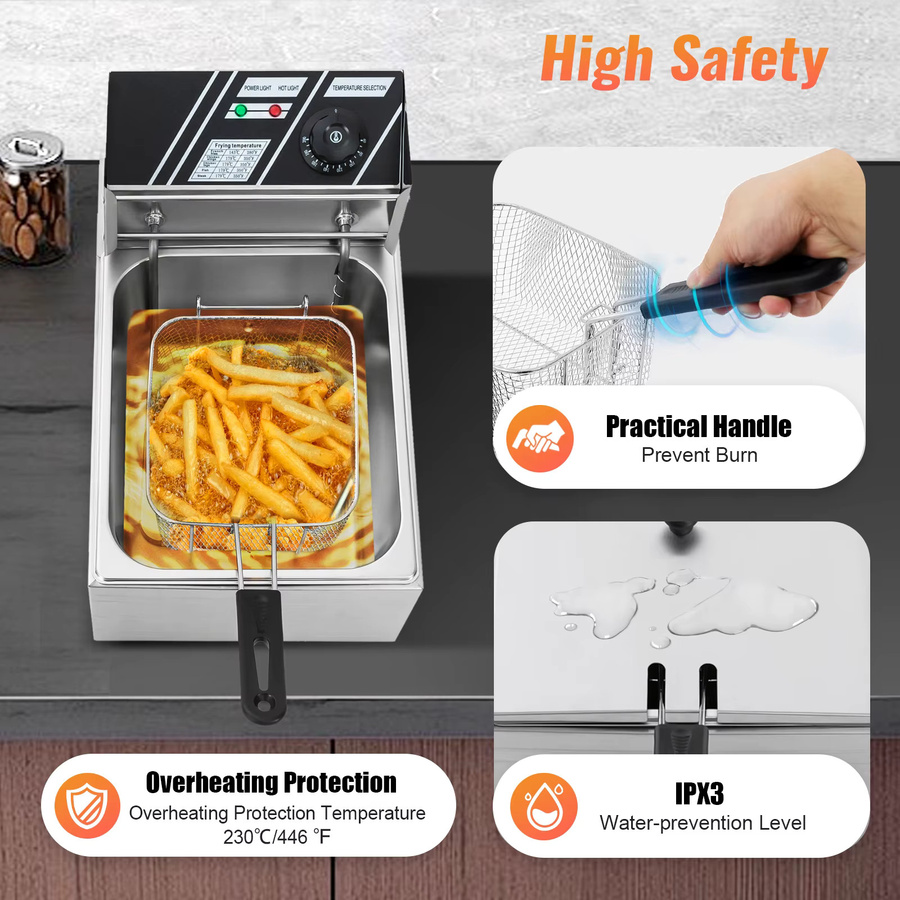 Bymaocar Elektro-Fritteuse aus Edelstahl mit 2500W Leistung, 6L Fassungsvermögen, variable Temperaturregelung und Überhitzungsschutz, Farbe: Silber - Bild 5