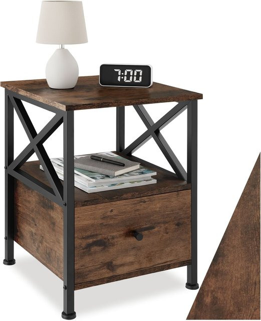 tectake Nachttisch im Industrial Style aus Holz und Stahl in Braun mit 2 Ablagen und Schublade, B: 40 cm, T: 41,5 cm, H: 55,5 cm - Bild 1