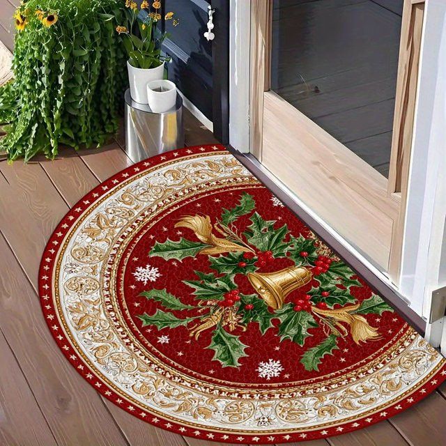 VIKAMA Weihnachts-Fußmatte im Vintage-Stil, halbrund, rot mit goldenen Glocken und Holly-Print, Druckteppich für deine Weihnachtsdekoration - Bild 1