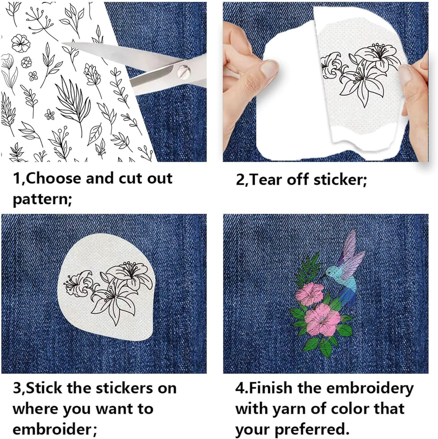 4 Blatt A4 Kaltwasserlösliche Stickfolie mit selbstklebenden Blumen- und Vogeldesigns für deine DIY-Bastelarbeiten - Bild 2